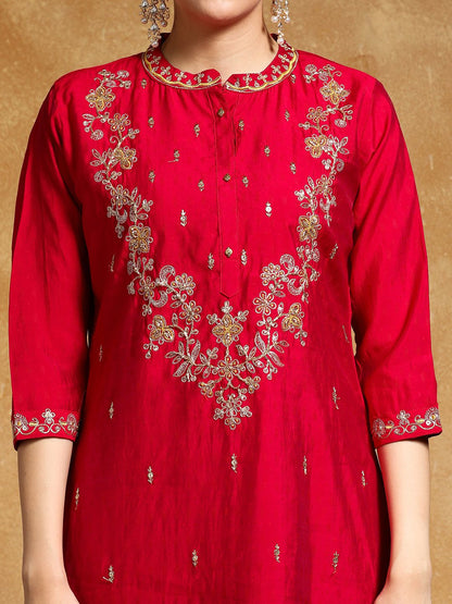 Dhiyona VA Women'sFloral Embroidered Mandarin Collar A-Line Kurta With Trousers & Dupatta