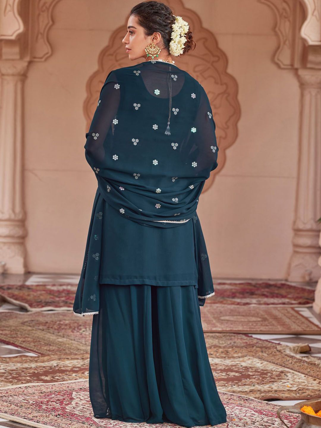 Dhiyona WP Women Embroidered Regular Sequinned Kurta with Sharara & With Dupatta