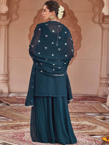 Dhiyona WP Women Embroidered Regular Sequinned Kurta with Sharara & With Dupatta