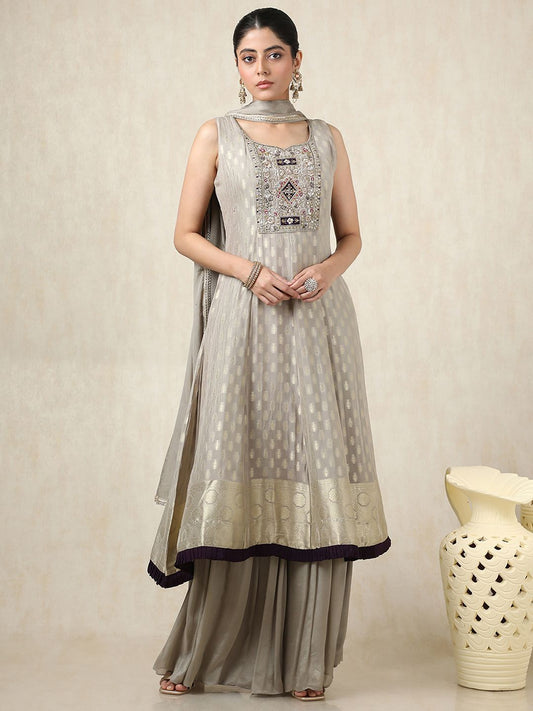 Dhiyona SO Women's Floral Woven Design Zari Work Sweetheart Neck Anarkali Kurta With Palazzos & Dupatta
