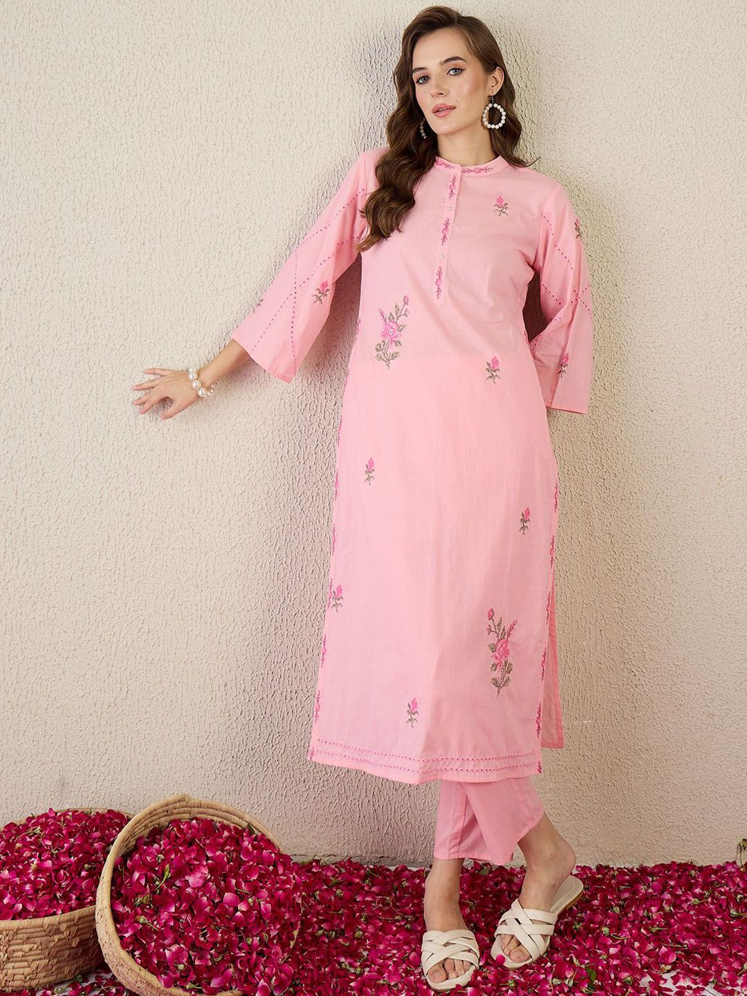 Dhiyona IE Embroidered Cotton Mandarin Collar Neck Top With Trousers Co-Ords