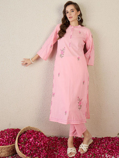 Dhiyona IE Embroidered Cotton Mandarin Collar Neck Top With Trousers Co-Ords