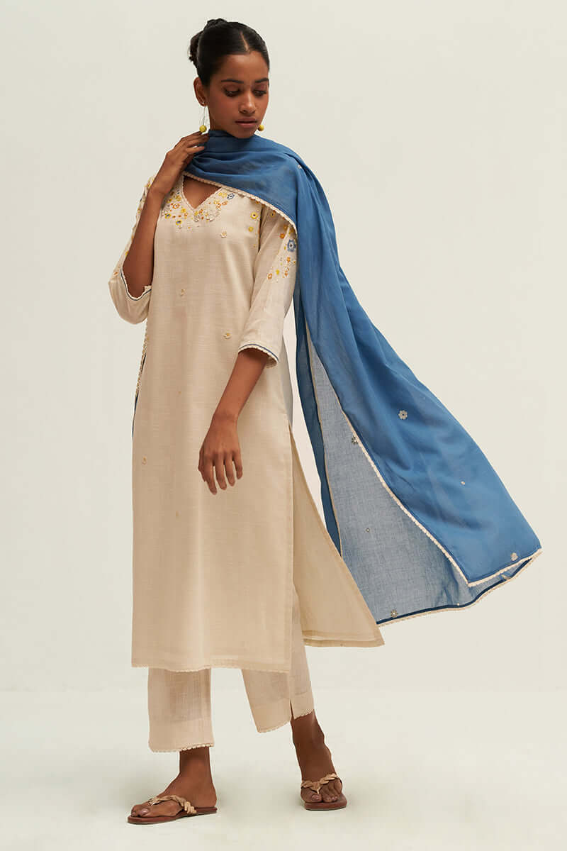 Women's Cream and Blue Cotton Linen Embroidered Salwar Suit