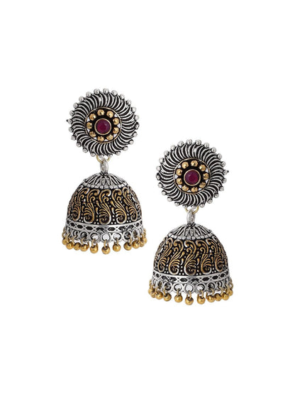 Dhiyona RJ Women's Silver-Plated & Gold-Toned Handcrafted Oxidised Dome Shaped Jhumkas