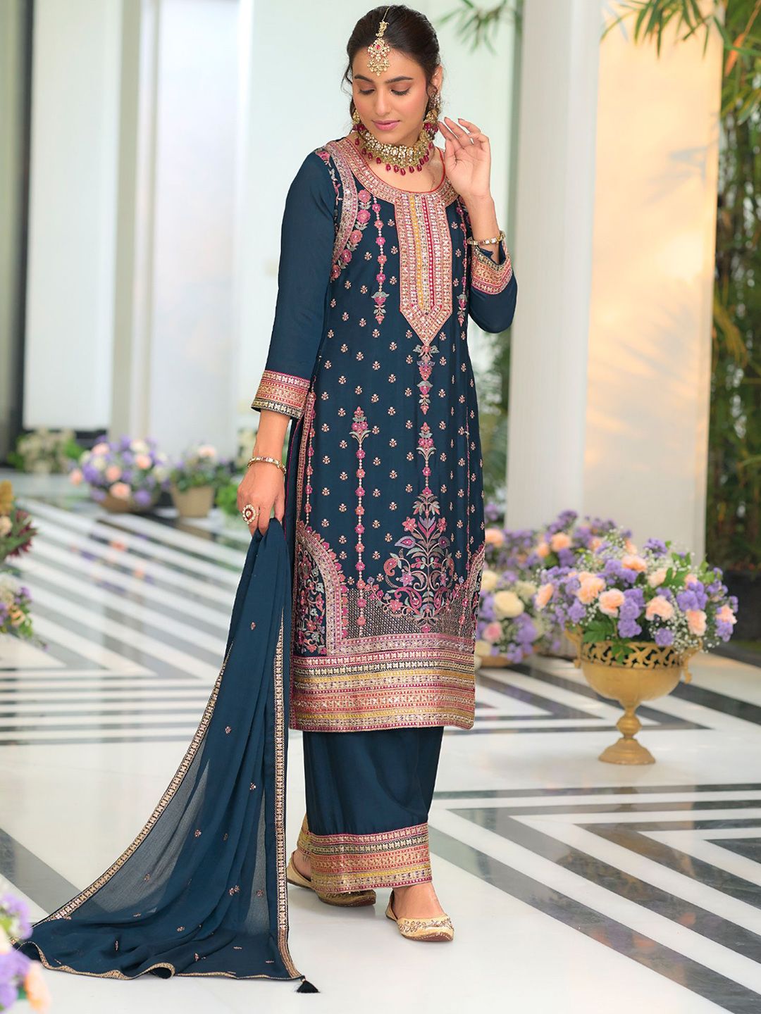 Dhiyona IE Women Ethnic Motifs Embroidered Regular Mirror Work Kurta with Palazzos & With Dupatta