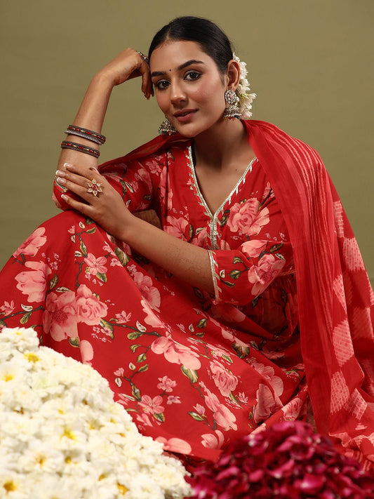 Floral Printed Empire Gotta Patti Pure Cotton Kurta with Trousers & Dupatta