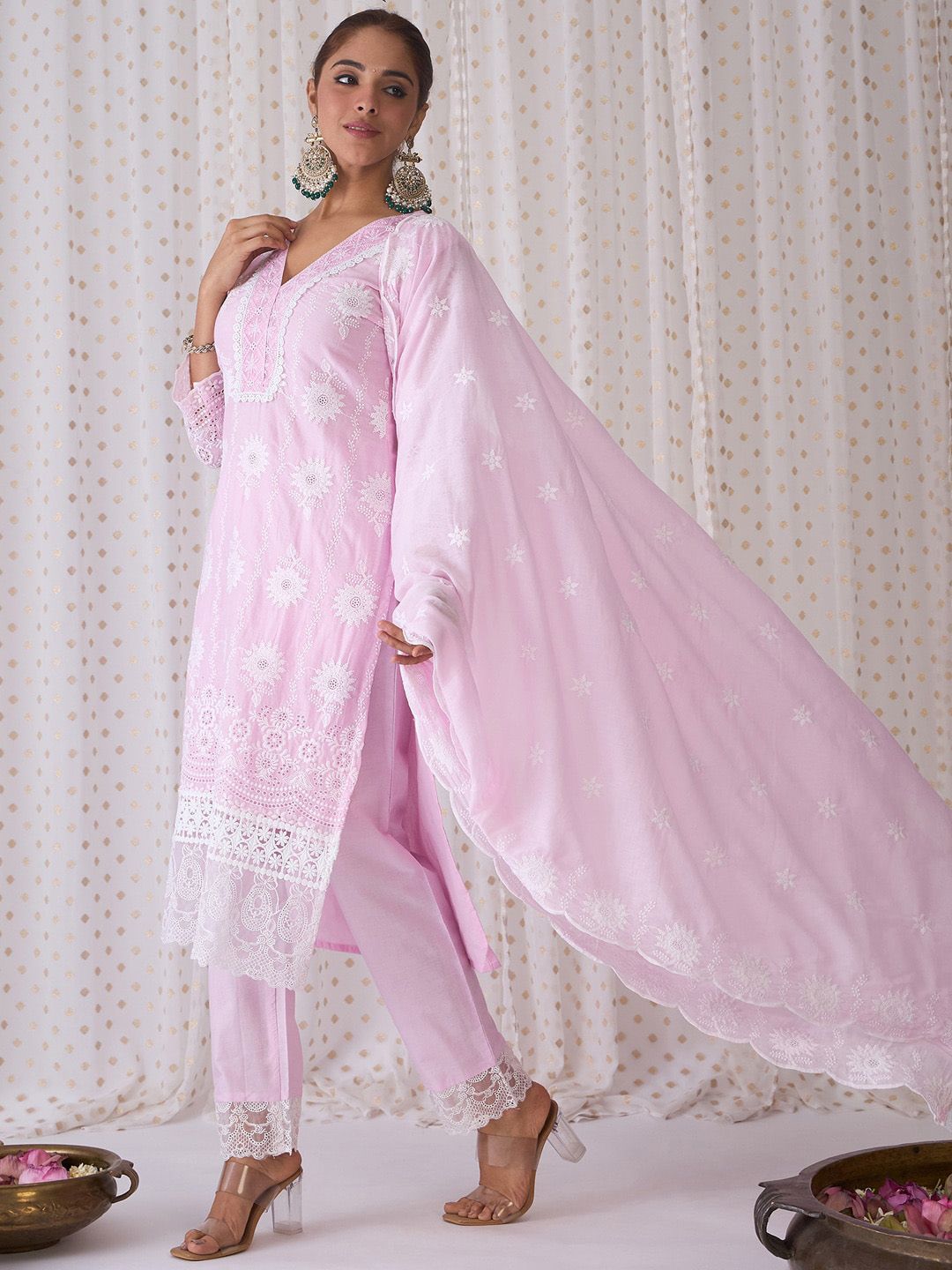 Floral Embroidered V-Neck Pure Cotton Kurta with Trousers & Dupatta
