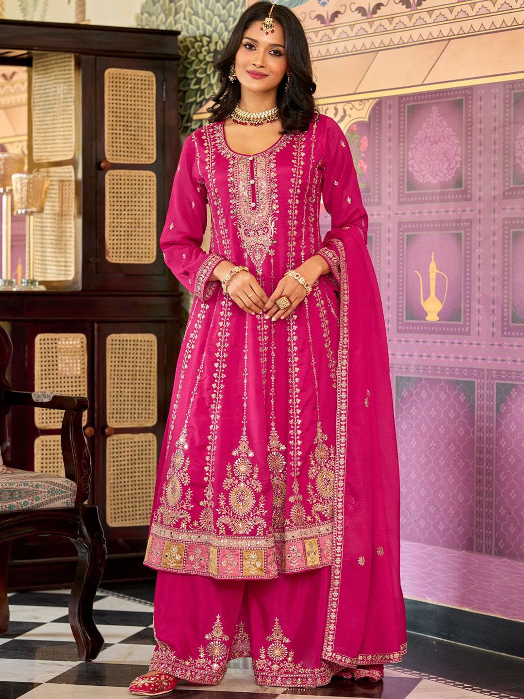 Women Floral Embroidered Kurta with Palazzo & Dupatta