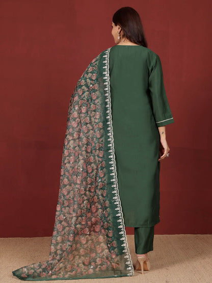 Dhiyona VA Women'sEthnic Motifs Embroidered Notch Neck Zari Straight Kurta With Trousers & Dupatta