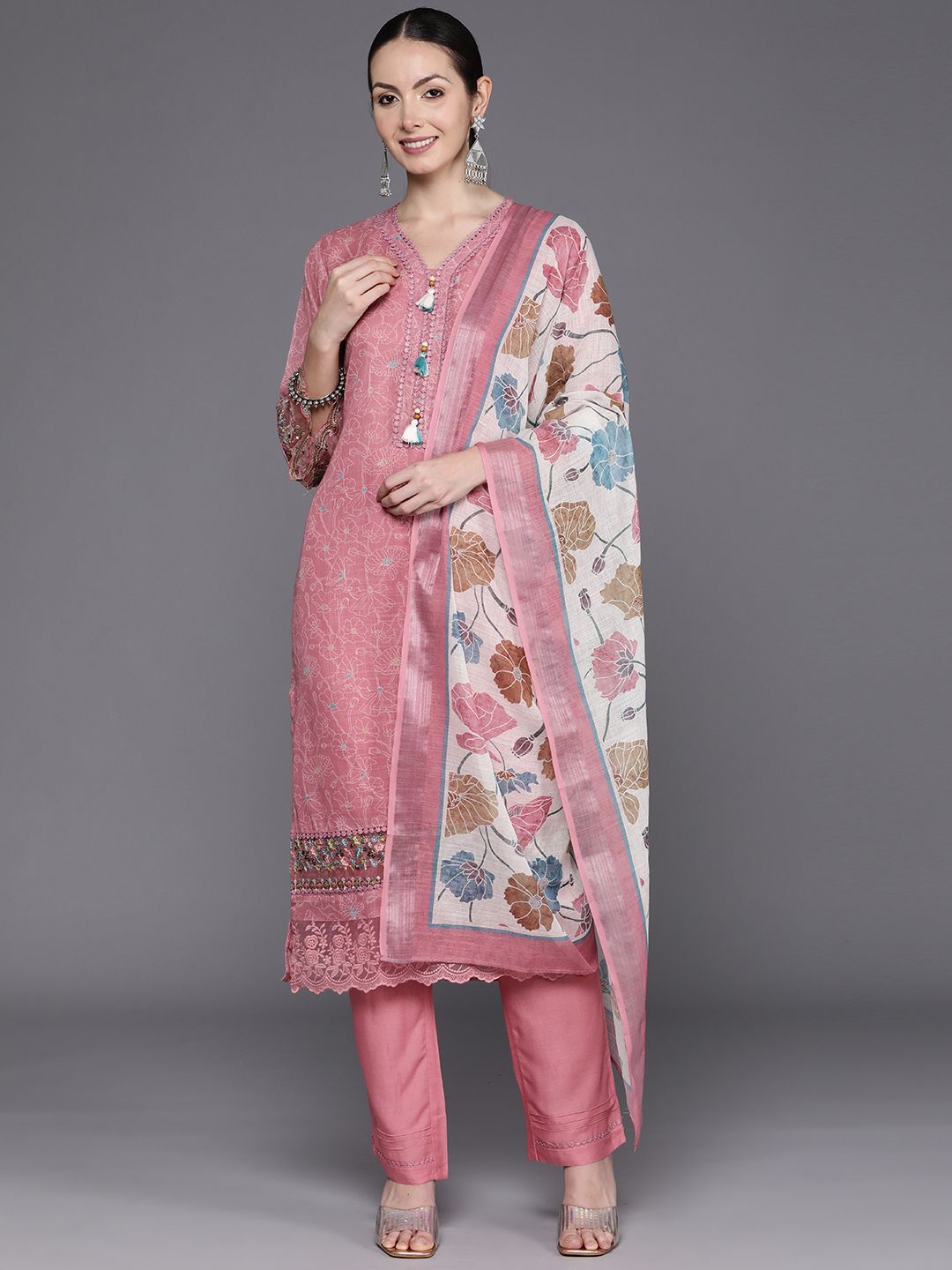 Dhiyona IE Women Floral Embroidered Regular Thread Work Linen Kurta with Trousers & Dupatta