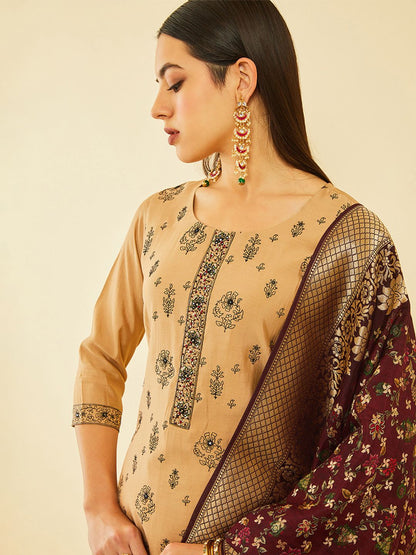 Dhiyona SO Women's Brown Floral Printed Regular Zardozi Straight Kurta With Trousers & Dupatta