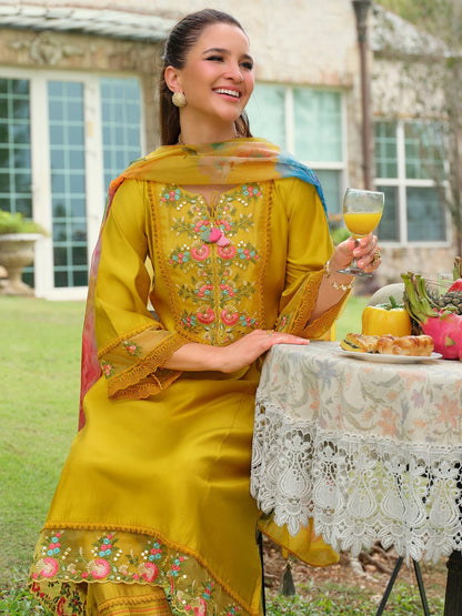 Floral Embroidered Thread Work Tieup Neck A-Line Kurta With Trousers & Dupatta