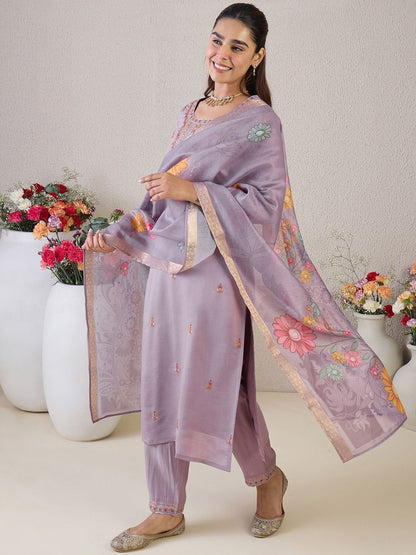 Dhiyona IE Floral Embroidered Round Neck Thread Work Straight Kurta & Trousers & Dupatta