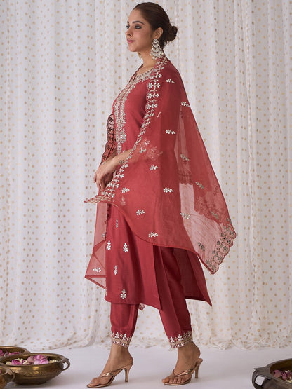Dhiyona IE Ethnic Motifs Embroidered Notched Neck Straight Kurta with Trousers & Dupatta