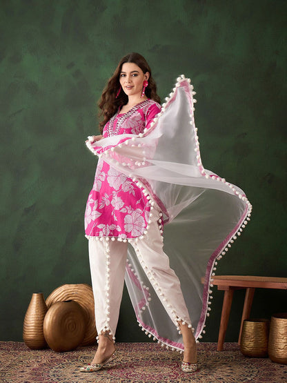 Dhiyona SN Women's Pink Floral Printed Mirror Work Straight Kurti With Dhoti Pants & Dupatta