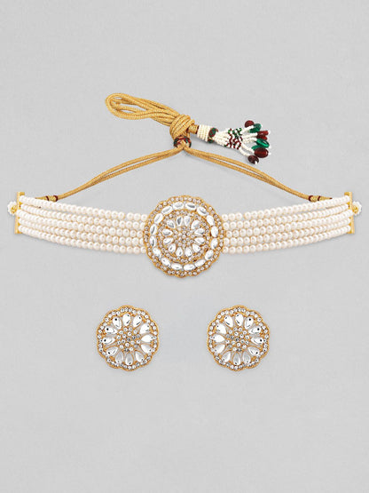 Dhiyona RJ Women's 22K Gold-Plated White Kundan-Studded Choker Set with Multi-Strand Pearl Beads