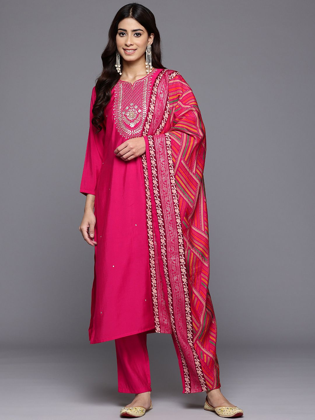 Dhiyona VA Women'sEthnic Motifs Yoke Design Gotta Patti Kurta With Trousers & Dupatta