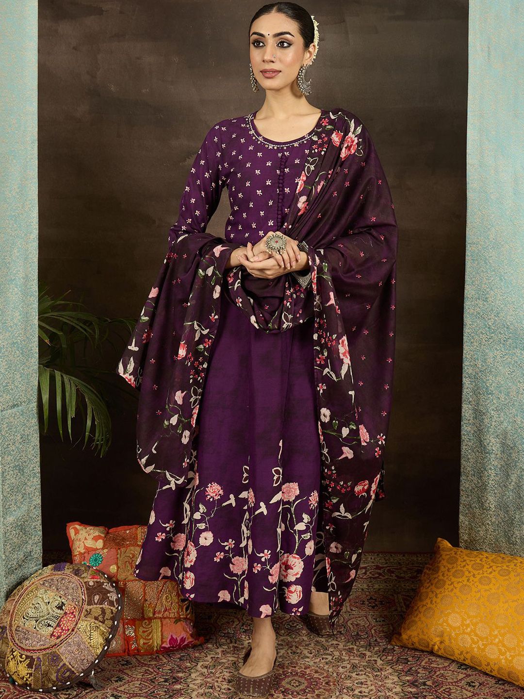 Floral Printed Pure Cotton Anarkali Kurta With Trousers & Dupatta