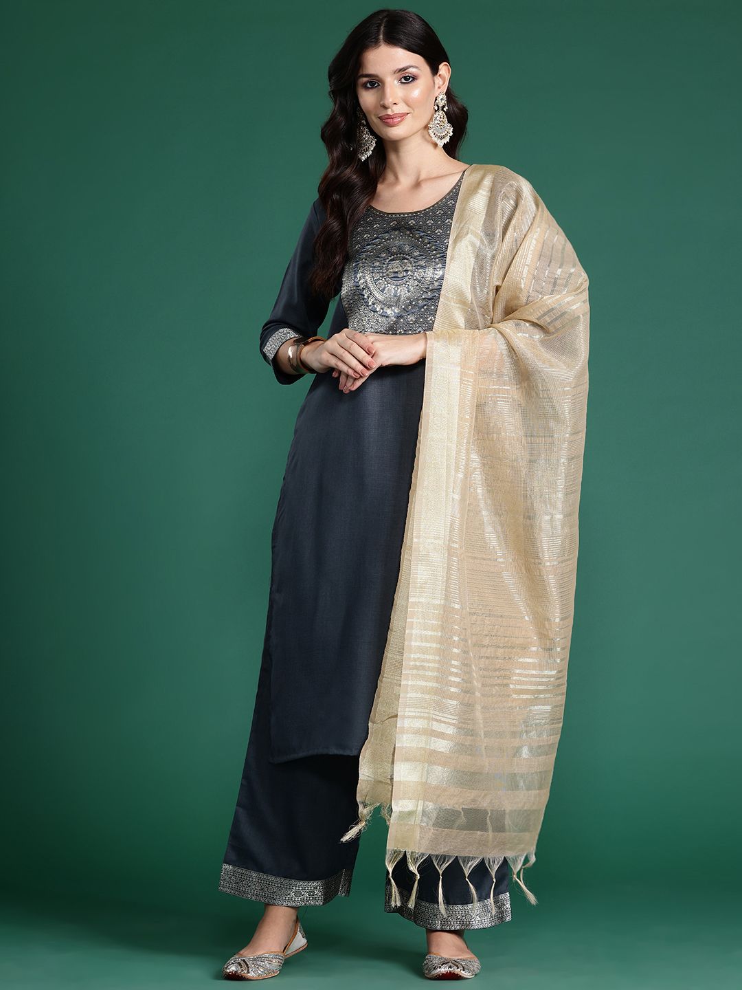 Dhiyona IE Yoke Design Regular Kurta With Palazzos & Dupatta