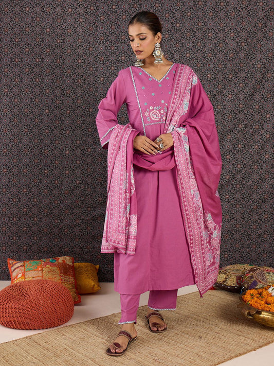 Women Floral Embroidered Panelled Thread Work Pure Cotton Kurta with Trousers & With Dupatta