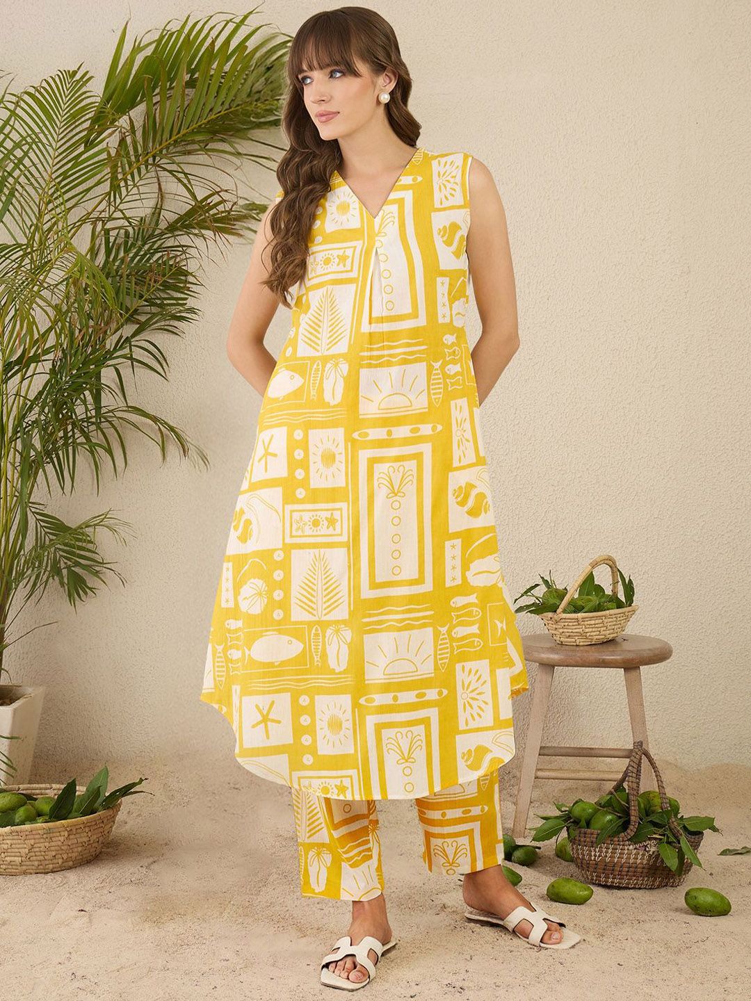 Dhiyona IE Printed Pure Cotton A-Line Tunic & Trousers Co-Ord Set