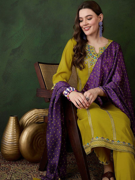 Dhiyona SN Women's Mustard Floral Embroidered Sequinned A-Line Kurta With Trouser And Dupatta