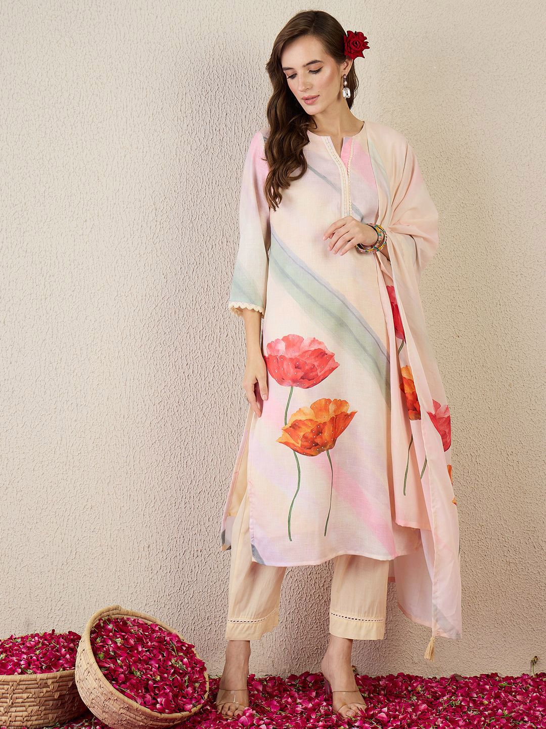 Floral Printed Notch Neck Straight Kurta With Trouser & Dupatta