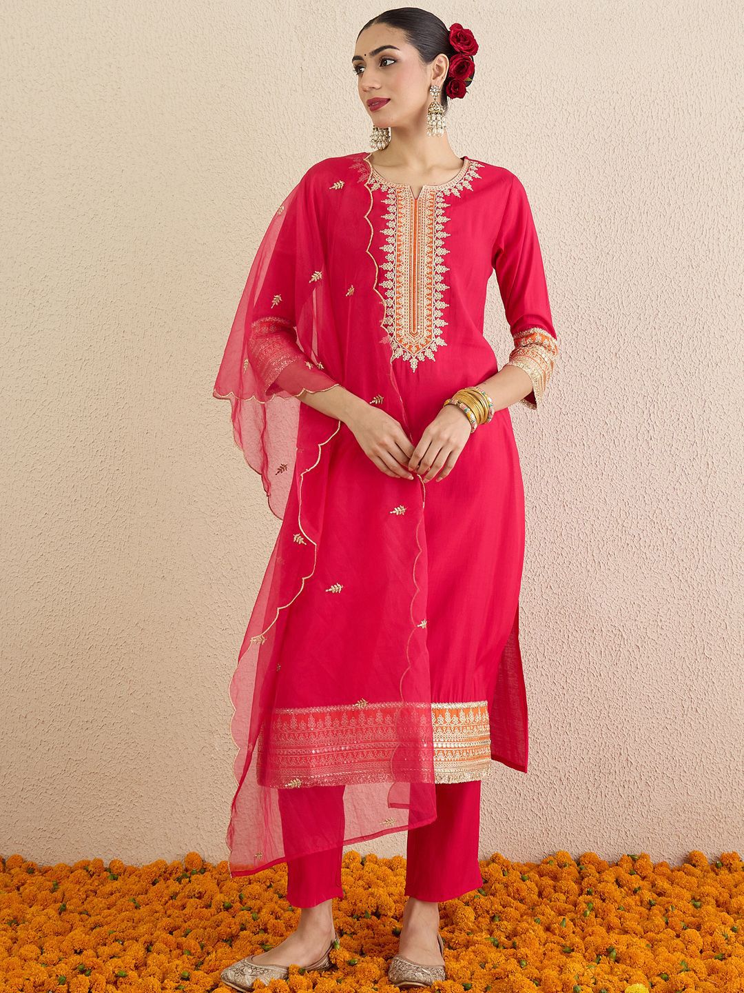 Ethnic Motifs Embroidered Notch Neck Straight Kurta With Trousers & Dupatta