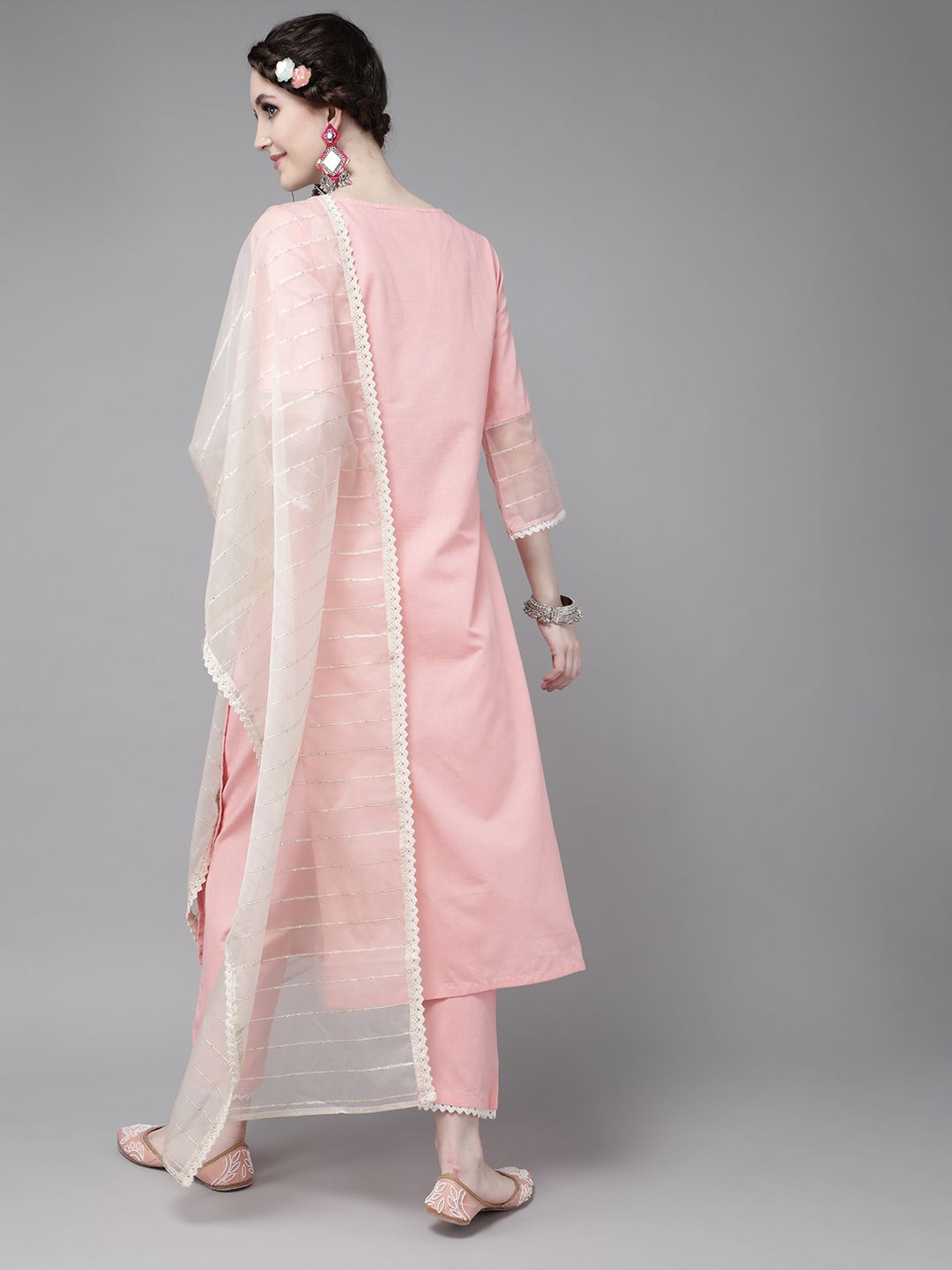 Women Pink Pure Cotton Ethnic Motifs Sequinned Kurta with Trousers & Dupatta