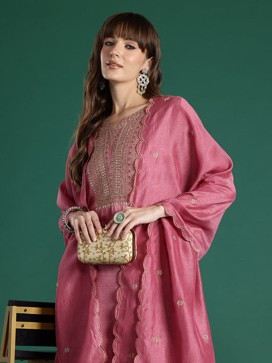 Dhiyona IE Floral Embroidered Sequinned Kurta with Trousers & With Dupatta