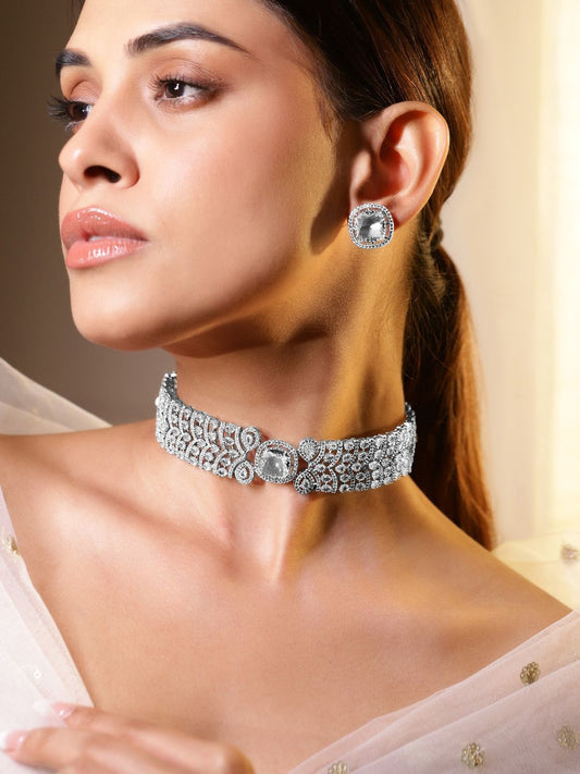 Dhiyona RJ Women's Rhodium-Plated Cubic Zirconia-Studded Choker Jewellery Set