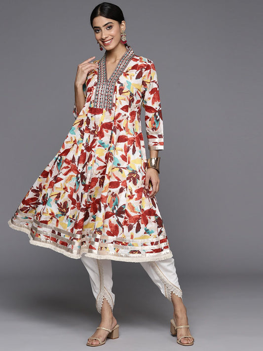 Dhiyona VA Women's Floral Printed Panelled Mirror Work Pure Cotton Kurta with Dhoti Pants