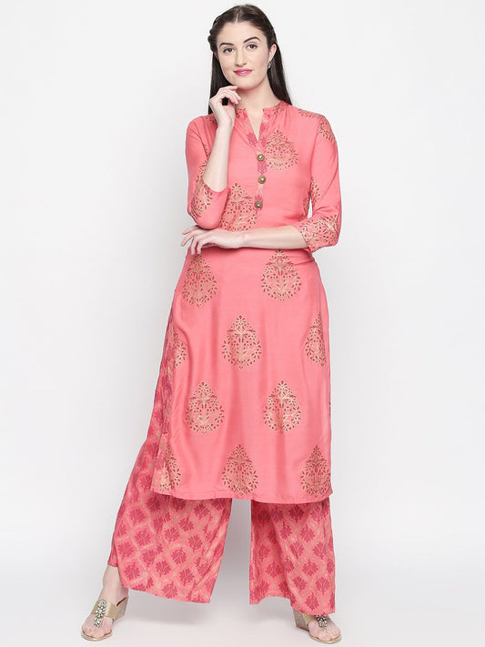 Dhiyona IS Women's Women Pink Printed Kurti with Palazzos