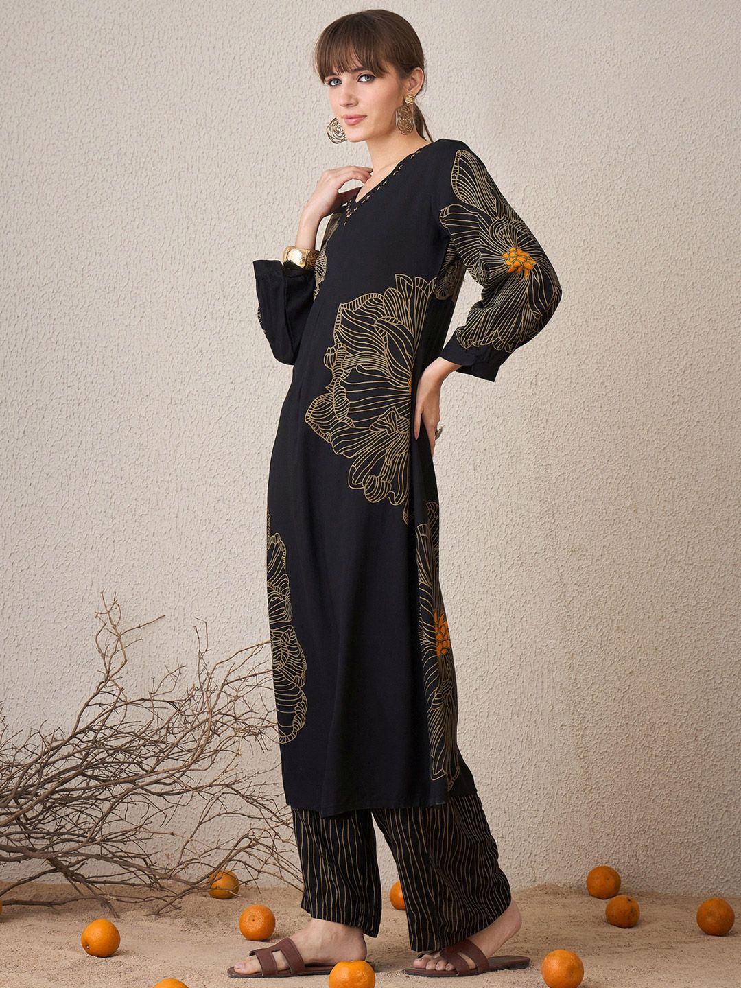 Floral Printed V-Neck Beads & Stones Straight Kurta With Trouser