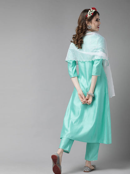 Women Sea Green & Golden Embroidered Kurta with Trousers & Dupatta