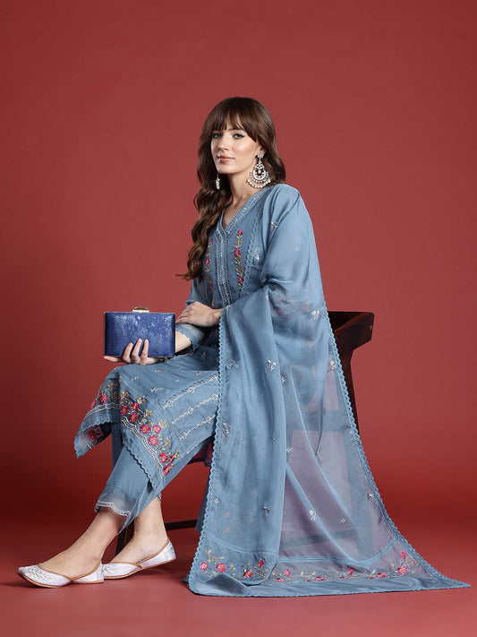 Dhiyona IE Women Floral Embroidered Panelled Thread Work Kurta With Trousers & Dupatta