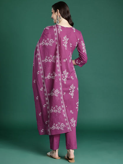 Floral Printed Sequinned Pure Cotton Kurta with Trousers & With Dupatta