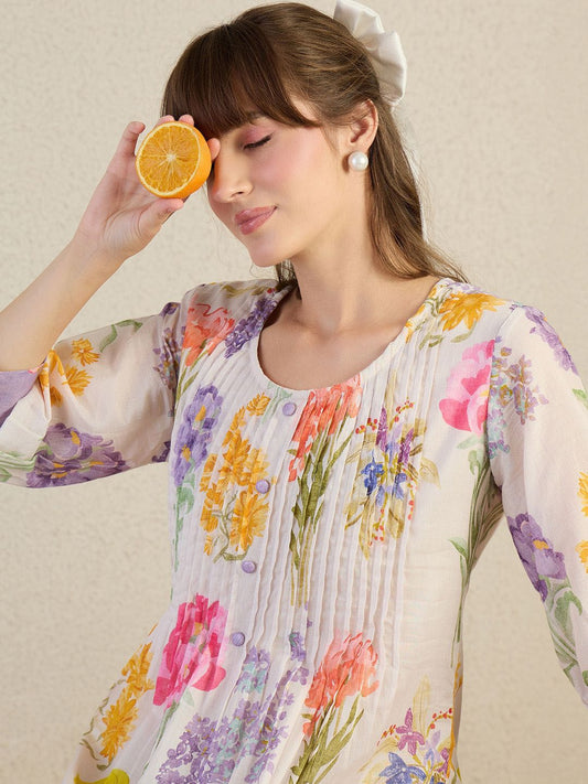 Floral Printed A-Line Pure Cotton Kurta With Trousers