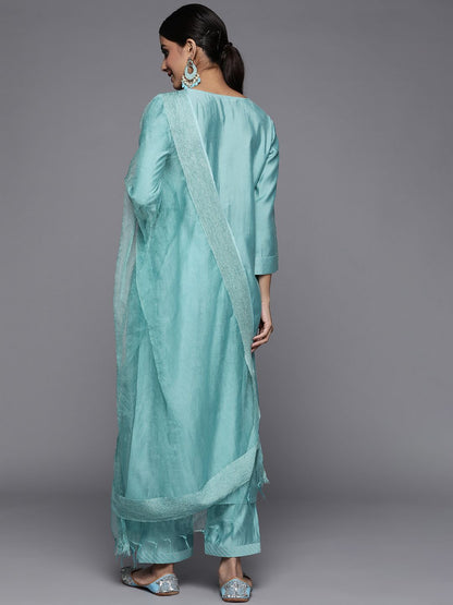 Dhiyona VA Women's Blue Ethnic Motifs Embroidered Sequinned Kurta with Trousers & With Dupatta