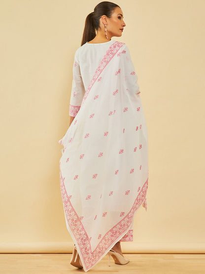 Dhiyona SO Women's White & Pink Floral Printed Pure Cotton Straight Kurta With Trousers & Dupatta