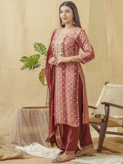 Dhiyona PD Women Bandhani Printed Thread Work Linen Kurta With Trousers & Dupatta