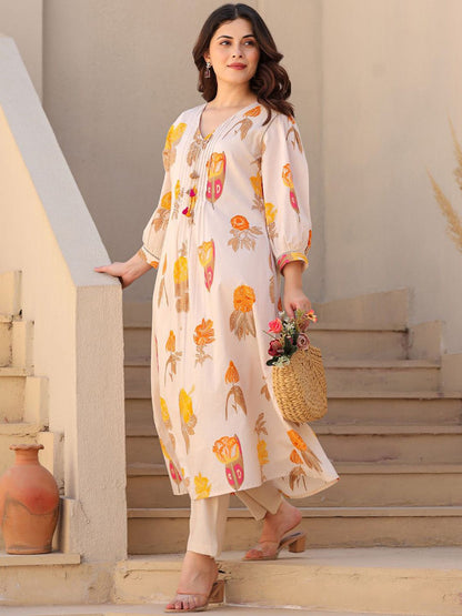 Floral Printed V-Neck Pure Cotton Straight Kurta With Trousers