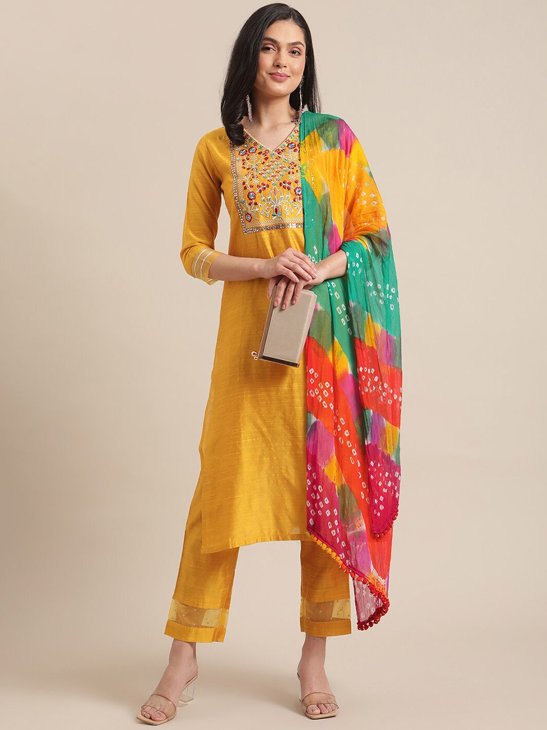 Dhiyona VA Women's Mustard Yellow Floral Embroidered Empire Thread Work Kurta with Trousers & With Dupatta