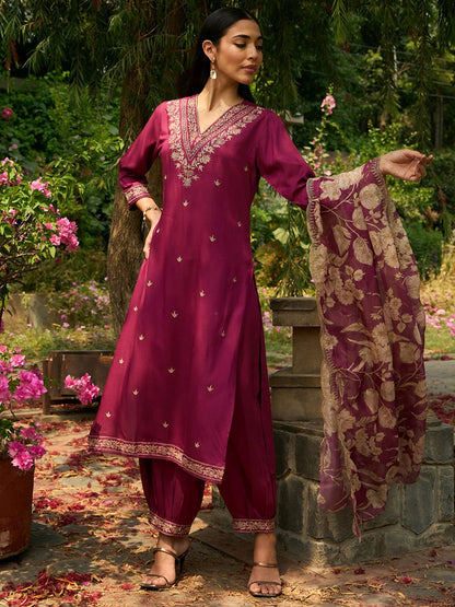 Ethnic Motifs Embroidered V-Neck Thread Work Straight Kurta with Salwar & Dupatta