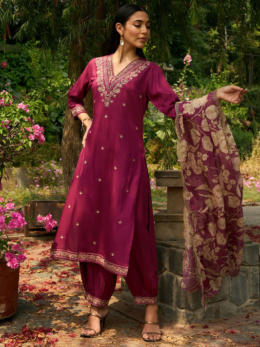 Ethnic Motifs Embroidered V-Neck Thread Work Straight Kurta with Salwar & Dupatta