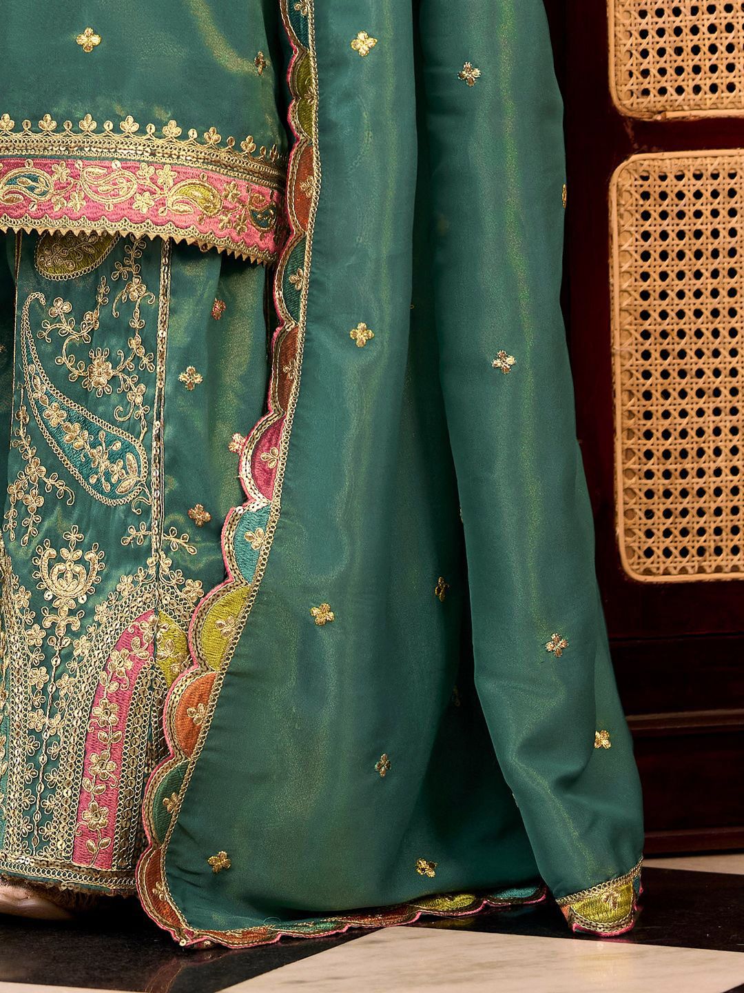 Floral Embroidered Sequinned Straight Kurta With Palazzos & Dupatta