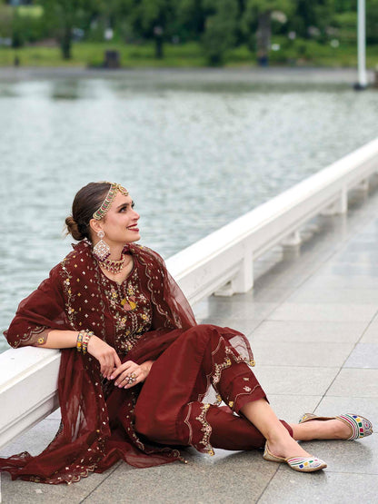 Maroon Floral Yoke Design Thread Work Straight Kurta & Trousers With Dupatta