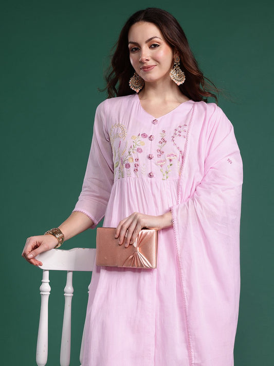 Dhiyona IE Ethnic Motifs Embroidered Pure Cotton Kurta with Trousers & Dupatta