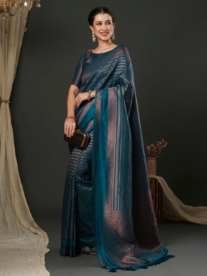 Women's Silk Blend Blue Woven Design Designer Saree With Blouse Piece