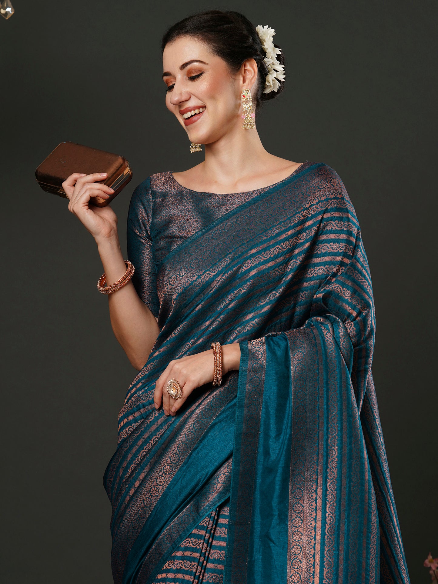 Women's Silk Blend Blue Woven Design Designer Saree With Blouse Piece